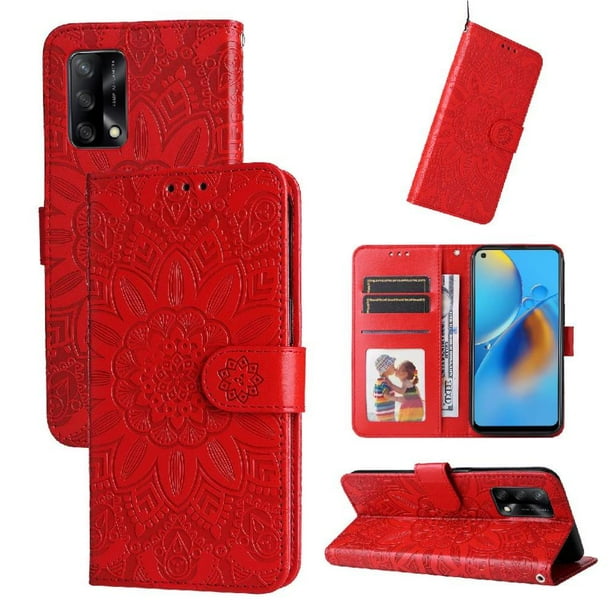 Funda tipo cartera FOXDOCK para OPPO A74 4G , diseño girasol en relieve, cuero PU, cierre magnético, soporte y tarjetero
