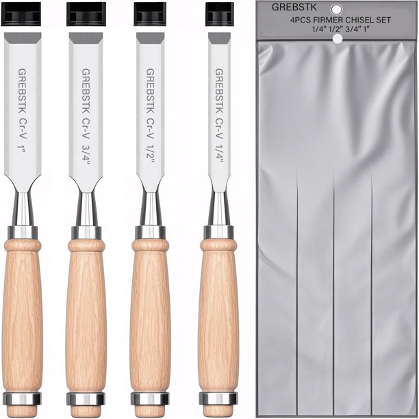 Juego de cinceles para madera GREBSTK CRV de acero biselado con bordes afilados, 4 unidades
