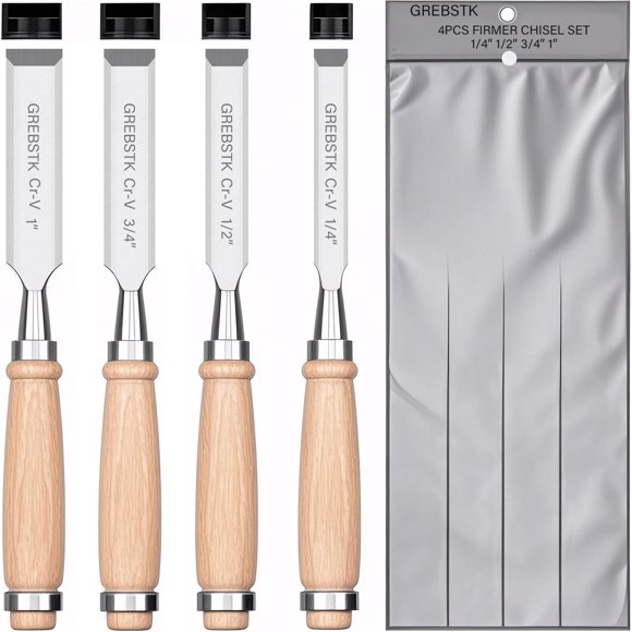 Juego de cinceles para madera GREBSTK CRV de acero biselado con bordes afilados, 4 unidades