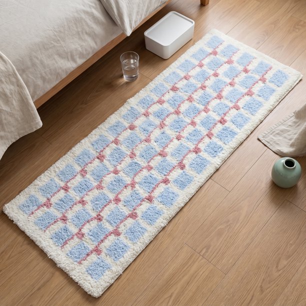 REGALWOVEN Alfombra Geométrica de Pasillo, Alfombra Suave y Peluda para el Lado de la Cama, Alfombra Antideslizante de Felpa para el Pasillo, Alfombra Moderna Absorbente para el Baño Azul Claro