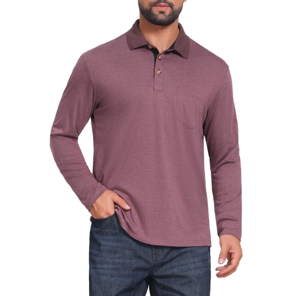 INSPIRE CHIC Camisetas de Polo de Golf de Manga Larga con Bolsillo y Botones de Contraste para Hombre M Burdeos