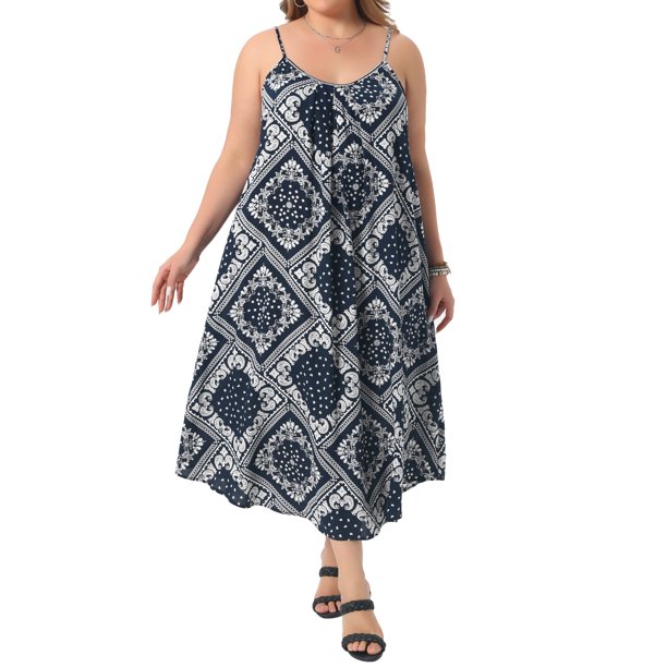 Agnes Orinda Vestido de Verano Casual de Vacaciones con Estilo Bohemio de Talla Grande para Mujer con Tirantes Espagueti, Cuello Redondo, Estampado Flowy Swing, Talla 3X, Azul Oscuro