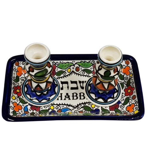 Juego de candelabros de cerámica Bethlehem Gifts TM con bandeja 20 x 11 cm