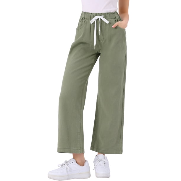 INSPIRE CHIC Pantalones Vaqueros de Pierna Ancha para Mujer con Cintura Elástica y Cordón, Pantalones de Mezclilla Casuales con Bolsillos Verde Militar M