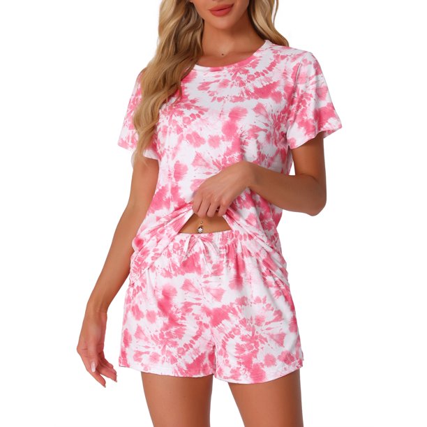 INSPIRE CHIC Conjuntos de Pijama de Manga Corta para Mujer con Bolsillos, Suave Ropa de Dormir con Botones y Pantalones Cortos con Cintura Elástica S Tie-dye