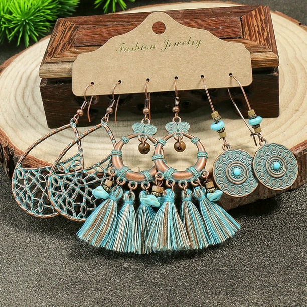 3pairs Vintage Geometric Earrings - Ancient Copper with Matchy Blue Design - Simple and Stylish Fashion Accessory