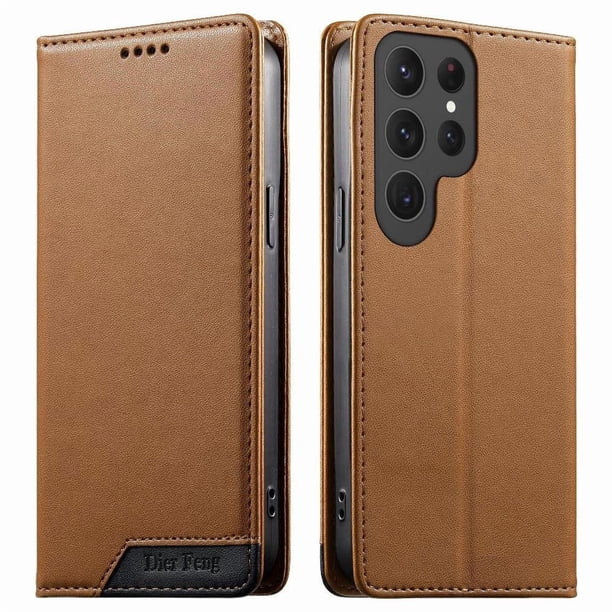 Funda Tipo Cartera de Cuero Sintético para Samsung Galaxy S25 Ultra Bloqueo RFID, con Ranuras para Tarjetas y Bolsillo para Efectivo, Cierre Magnético Fuerte Marrón