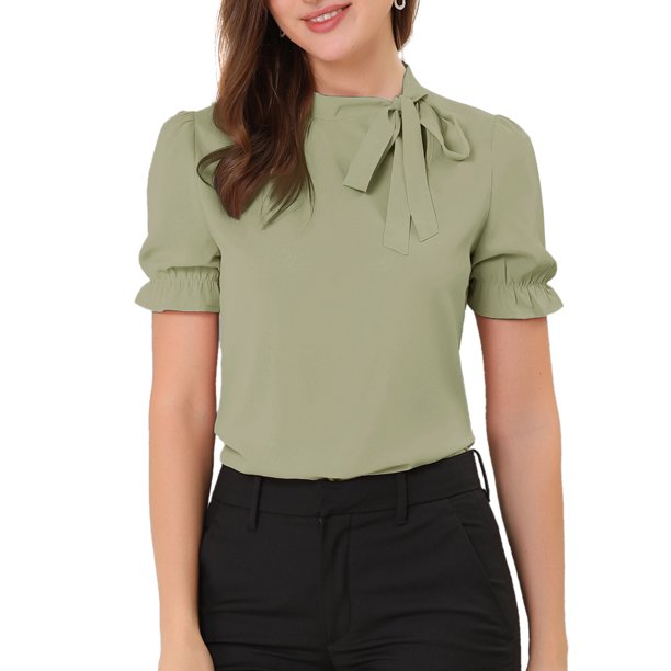 INSPIRE CHIC Blusas de Mujer de Color Sólido con Lazo en el Cuello, Mangas Cortas, para Regreso a Clases y Trabajo, Verde Matcha Talla S
