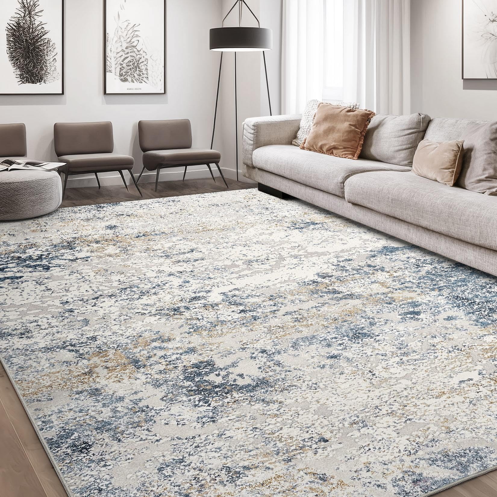 Alfombra Dmoyest De 8 X 10 Cm, Abstracta, Grande, Suave, Lavable En Interiores, Beige Y Azul