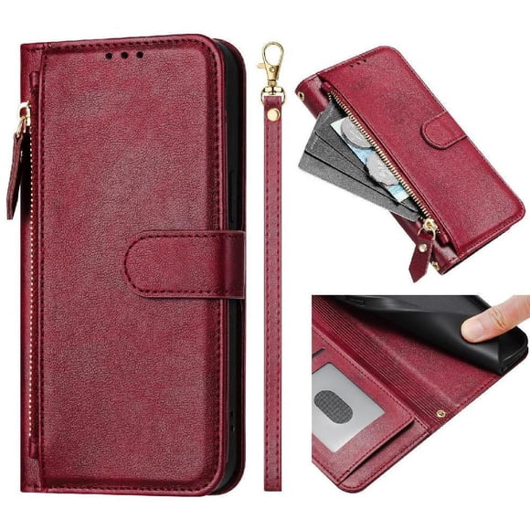Funda tipo cartera para ZTE Axon 60 4G con bolsillo con cremallera, tarjetero, soporte, correa para la muñeca y tapa de cuero Rojo