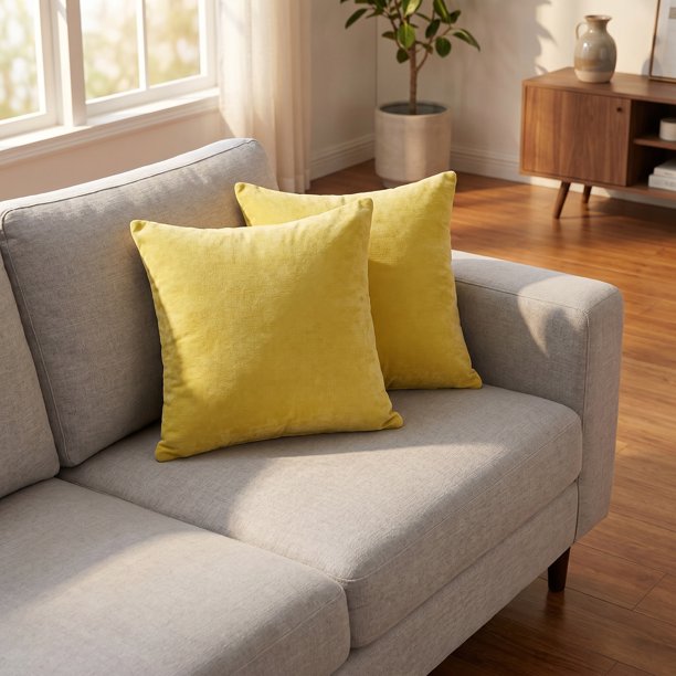REGALWOVEN Uxcell Paquete de 2 Fundas de Cojín de Chenilla, Fundas de Cojín Sólidas Modernas para Sofá de Casa Amarillo 20" x 20"