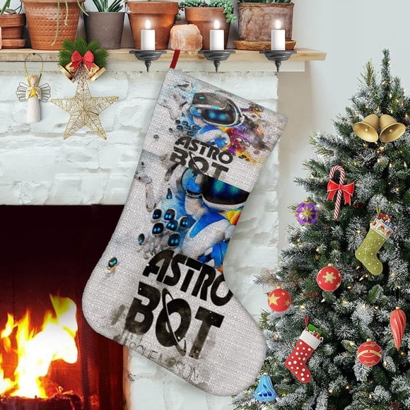 Astro Bot Tema: Calcetines de Navidad, fino lino blanco para colgar en escaleras y chimenea, decoración navideña para el hogar, regalo de Navidad. 54cm × 38cm
