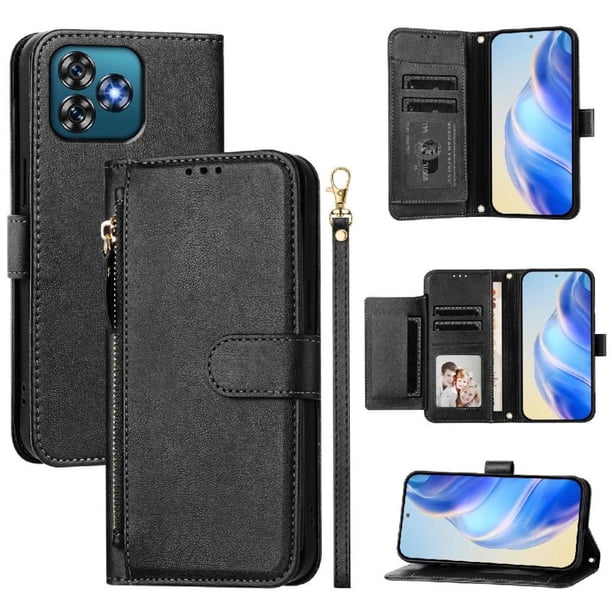 Funda tipo cartera para Oukitel C53 con bolsillo con cremallera, tarjetero, soporte, correa para la muñeca y tapa de cuero Negro