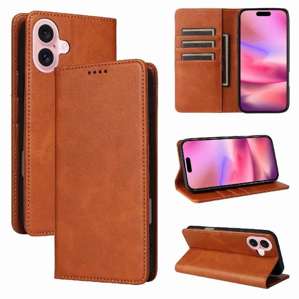 Funda Cartera para iPhone 16 con Ranuras Tarjetas y Soporte - Protección Completa Marrón
