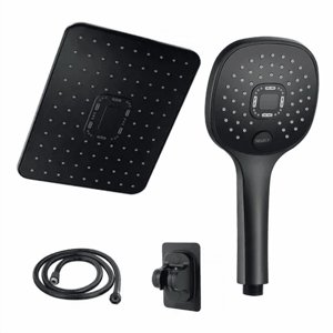 Genericio - Cabezal De Ducha 12'' + 1.5M Manguera Flexible + Soporte De Ducha Negro