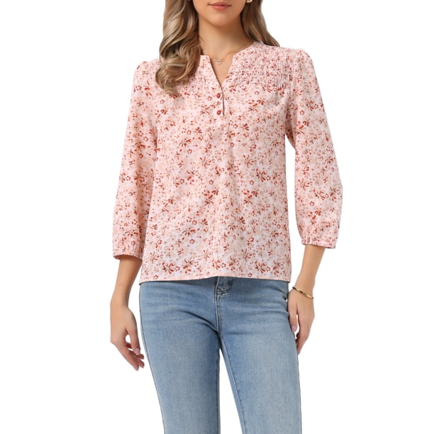 INSPIRE CHIC Camisa Floral con Cuello en V para Mujer de Manga 3/4 con Frente Fruncido y Botones Blusa Casual de Verano Talla S Rosa Claro