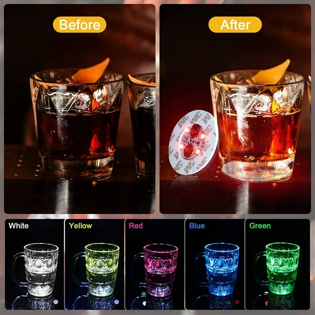 Posavasos LED Súper Brillantes – Pack De 24 Calcomanías Con Luz Para Botellas Y Vasos – 3 Modos, Pilas Incluidas – Ideal Para Fiestas Y Bodas