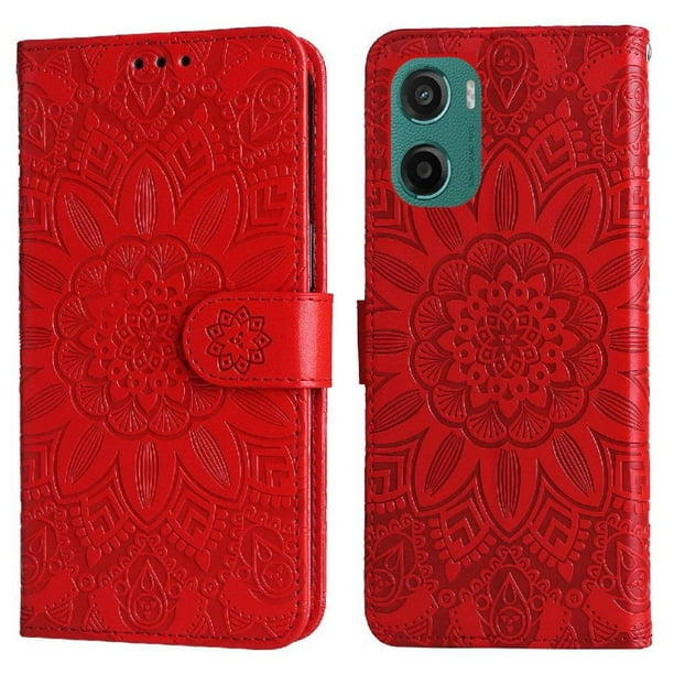 Funda tipo cartera FOXDOCK para Motorola Moto E15 , diseño girasol en relieve, cuero PU, cierre magnético, soporte y tarjetero
