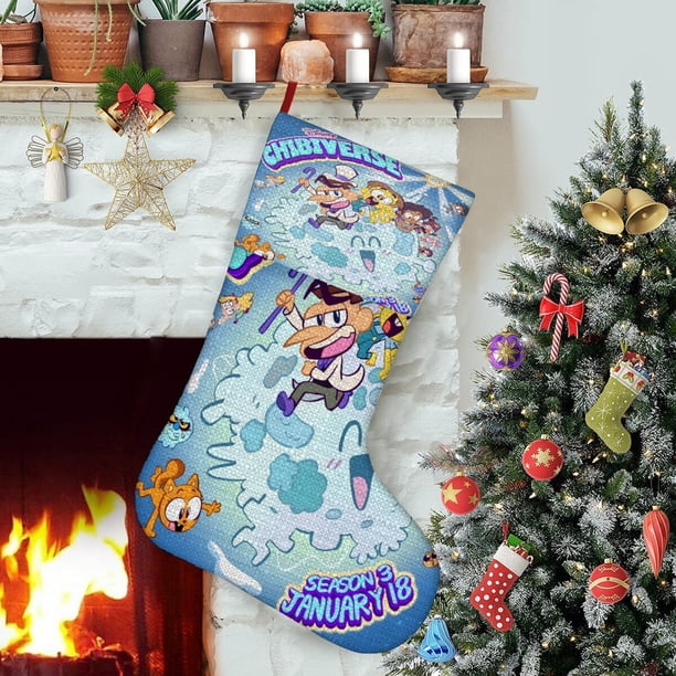 Chibiverse Tema: Calcetines de Navidad, fino lino blanco para colgar en escaleras y chimenea, decoración navideña para el hogar, regalo de Navidad. 45cm × 32cm
