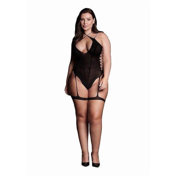 Le Desir Body de una Pieza en Tono Métis XVI sin Mangas, Ajustado, con Liga y Cuello Cruzado, Talla Grande, Negro (para Mujer)