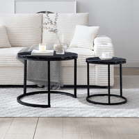 M&Ms - Set 2 Coffee Table Nesting Black Top Black Frame Circular Round And Marble Pattern Wooden Tables, Living Room Bedroom Apartment Modern Industrial Simple Nightstand