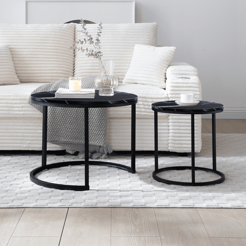 M&Ms - Set 2 Coffee Table Nesting Black Top Black Frame Circular Round And Marble Pattern Wooden Tables, Living Room Bedroom Apartment Modern Industrial Simple Nightstand