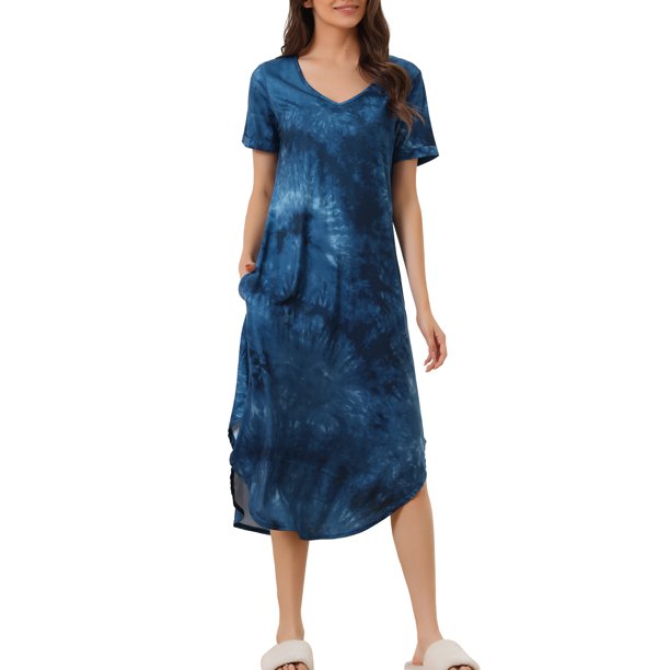 INSPIRE CHIC Camiseta de Noche Larga con Cuello en V y Manga Corta para Mujer, Vestido de Dormir Suave Tie Dye con Bolsillos Laterales para Primavera Verano 2XL Azul Tie Dye
