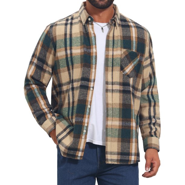 INSPIRE CHIC Camisa de Franela a Cuadros Casual de Manga Larga Retro de Algodón Cepillado para Hombre S Caqui Verde