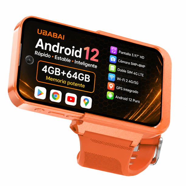Smartwatch Teléfono UBABAI Android 12 4G LTE, 3.97" 4GB RAM + 64GB Dual SIM GPS Cámara Dual WiFi Naranja