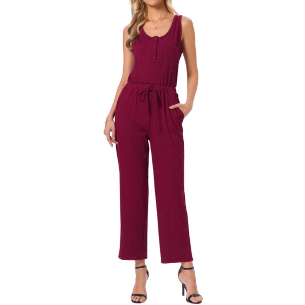 INSPIRE CHIC Monos para Mujeres Elegantes y Casuales Mono sin Mangas Cuello Redondo Tejido Pierna Ancha Rompers Jumpers Conjuntos de Verano XL Vino Rojo