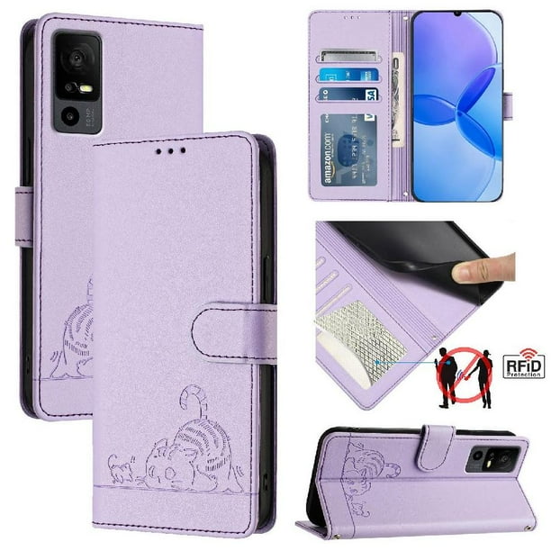Funda tipo cartera FOXDOCK para TCL 40R con soporte, ranuras, RFID, diseño de gato