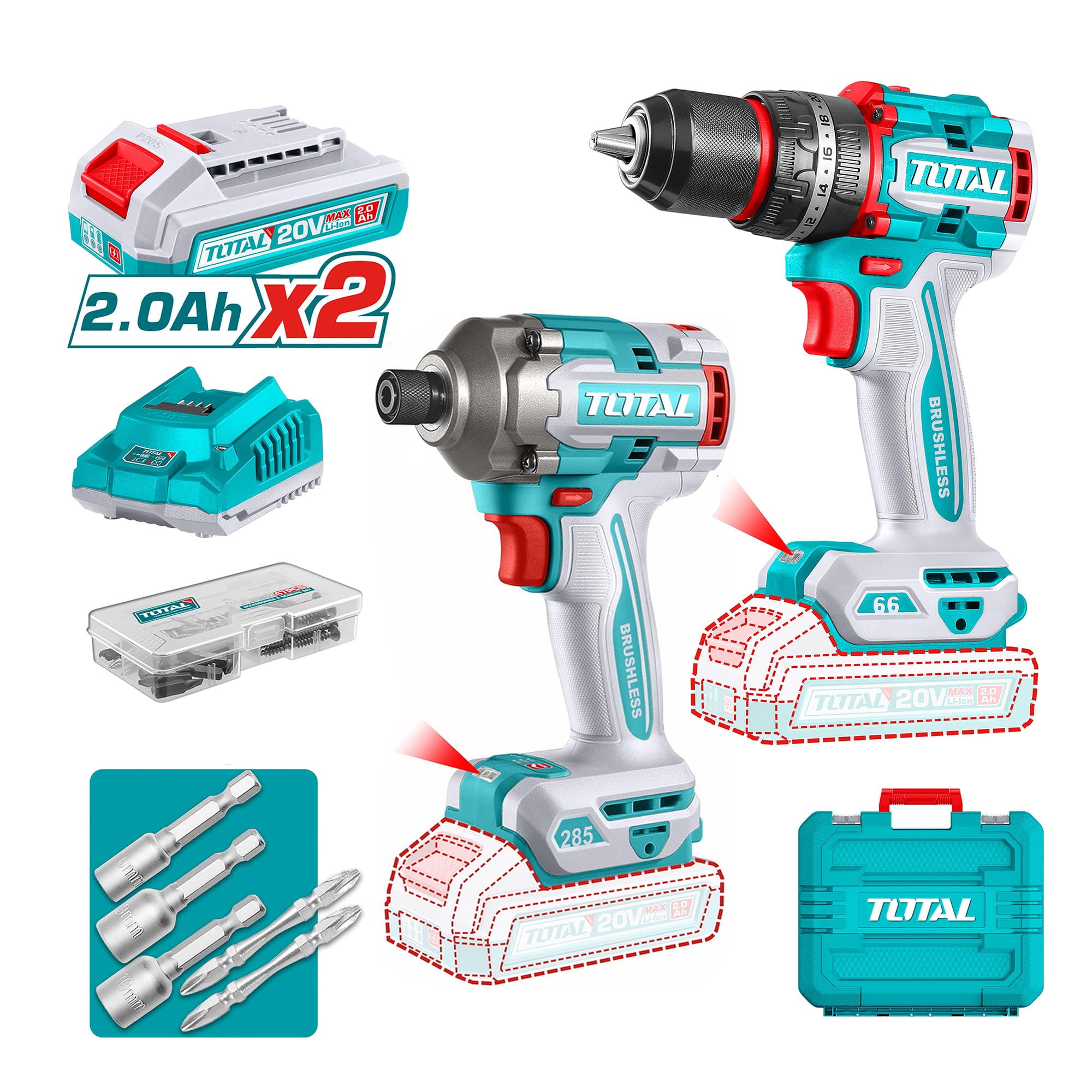 Kit Atornillador De Impacto Y Taladro 20v Con 2 Baterías Y Cargador Total