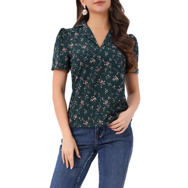 INSPIRE CHIC Blusas de Cuello en V para Mujer Elegante Casual con Estampado de Cerezas y Solapa con Muesca Verano Manga Corta M Verde Oscuro