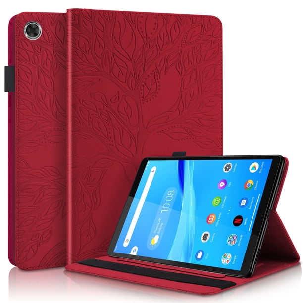 Funda con relieve del Árbol de la Vida para tablet Lenovo Tab m8 con soporte, ranuras para tarjetas y soporte para lápiz óptico. Rojo