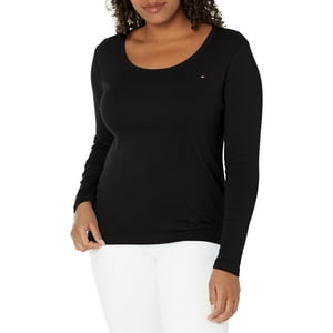 Camiseta Tommy Hilfiger Para Mujer De Manga Larga Con Cuello Redondo, Color Negro