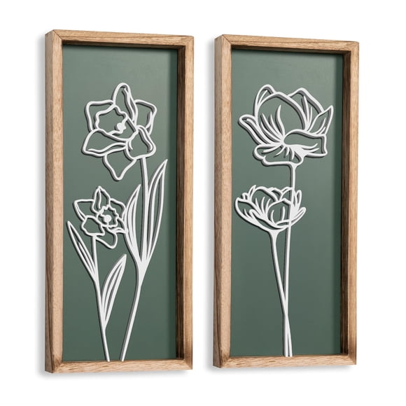 Set de decoración mural 3D con estampado floral verde, madera, ligero (2 unidades), 18 x 40 cm