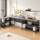 thumbnail image 1 of U Shaped Desk with Power Outlets & LED Strip & Monitor Stand, L Shaped Desk with Storage Shelf, Home Office Gaming Desk, Vintage, 1 of 3