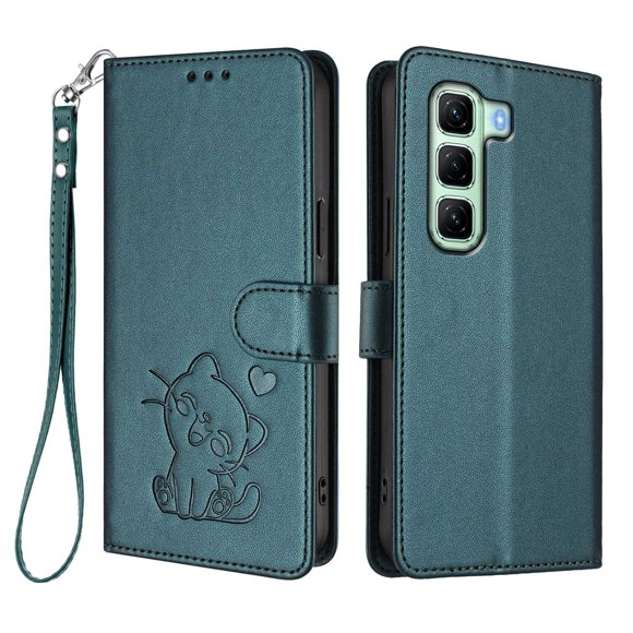 Infinix Hot 50 5G Funda Billetera con Estampado de Gato, Verde Oscuro