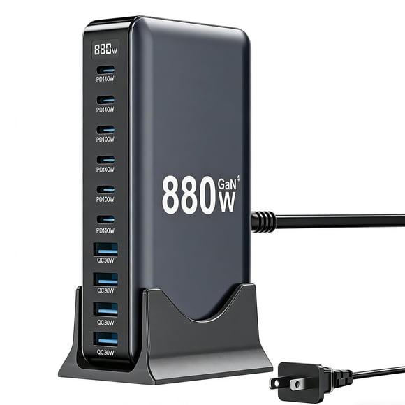 Cargador USB‑C SMSASOEO 880W de 10 puertos con tecnología GaN IV de carga rápida