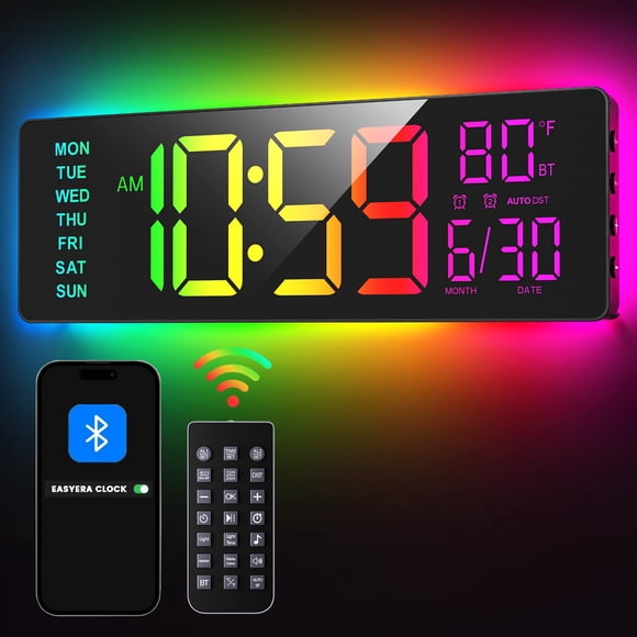 Reloj de pared EASYERA 16,5 grande digital con sincronización BT y luces RGB