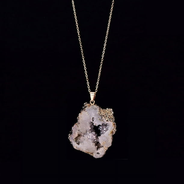 1pc Irregular Hollow Agate Quartz Geode Slice Pendant Necklace with Amethyst Inlay and Gold Plated Edge