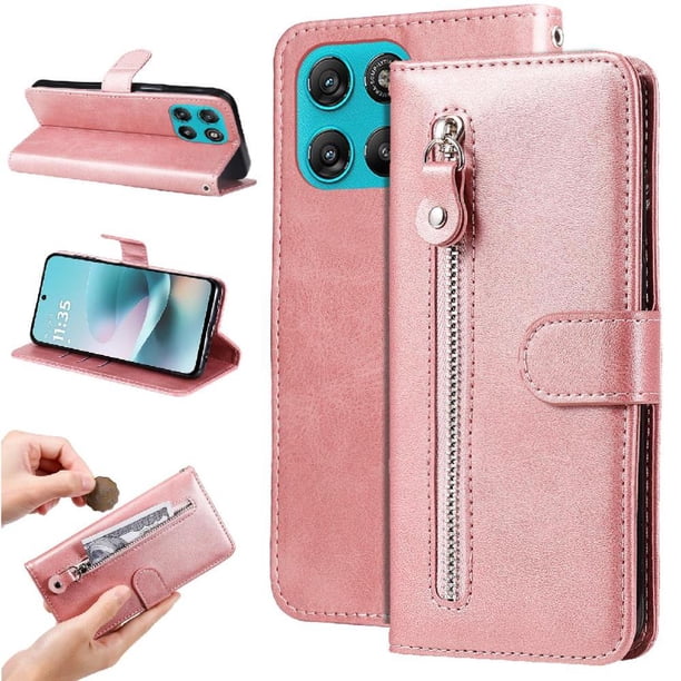 Funda tipo cartera para Motorola Moto G100 5G 2025 con bolsillo con cremallera y ranuras para tarjetas – Función de soporte Rosa