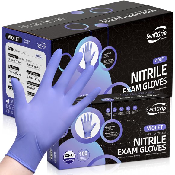 Guantes de examen SwiftGrip de nitrilo violeta, 3 mil, medianos, 1000 quilates
