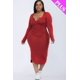 thumbnail image 1 of Saronite Vestido Midi Básico de Manga Larga con Cuello Abierto, Color Vino (Talla Grande para Mujer), 1 of 2