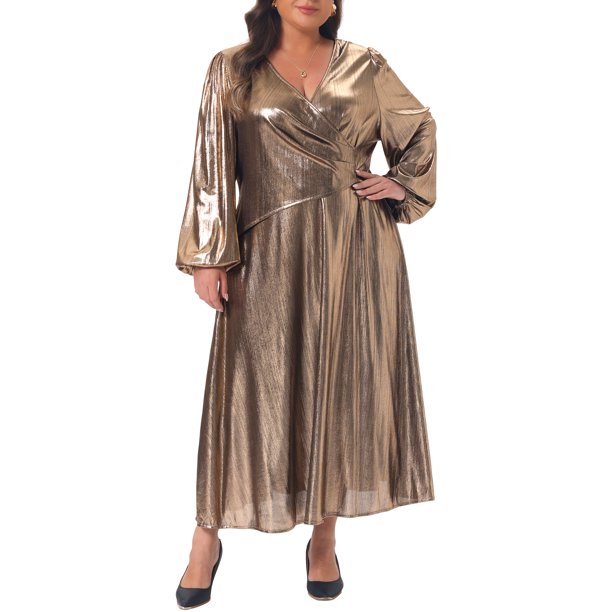 Agnes Orinda Disfraces de Halloween para Mujeres Tallas Grandes Vestidos de Fiesta de Escuela y Universidad Metálico con Cuello en V Fruncido y Mangas de Linterna Vestido de Noche Elegante L Dorado