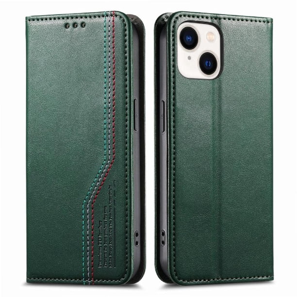 Funda tipo cartera para iPhone 15 de piel con cierre magnético, ranuras para tarjetas y correa para la muñeca Verde
