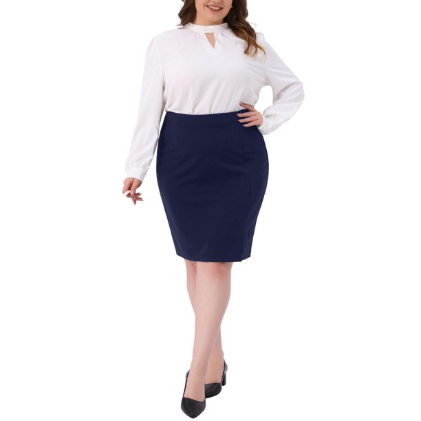 Falda lápiz de talla grande para mujer de Agnes Orinda, cintura alta, elástica, con abertura lateral, ajustada, para negocios, trabajo, midi, con cremallera trasera, 2X, azul marino