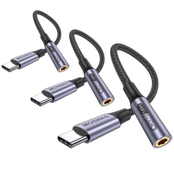 Adaptador USB‑C a 3,5 mm MOSWAG Hi‑Fi 12 cm con cable trenzado de nylon