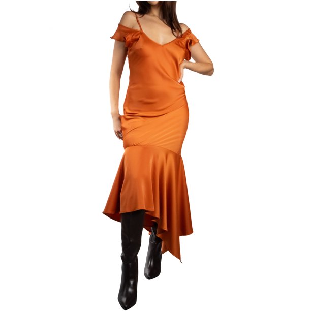 Jess de Meiko Vestido de Mujer Mangas Largas Cuello en V Cremallera Asimétrico Manga de Mariposa Vestido de Tirantes M Naranja Calabaza