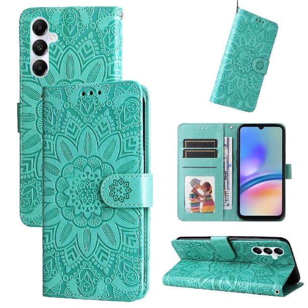 Funda tipo cartera FOXDOCK para Samsung Galaxy A05s , diseño girasol en relieve, cuero PU, cierre magnético, soporte y tarjetero
